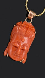 Vintage 14K Yellow Gold Red Coral Carved Buddha Pendant Necklace 5.1 Grams 14"