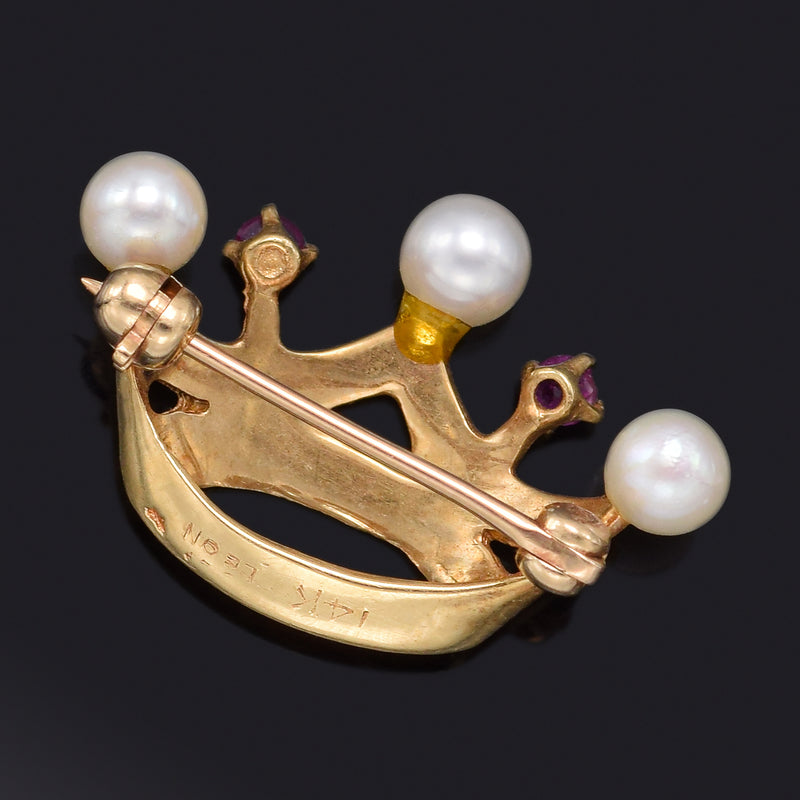 Vintage Leon 14K Yellow Gold Ruby & Sea Pearl Crown Brooch Pin 22.7 x 15.5 mm