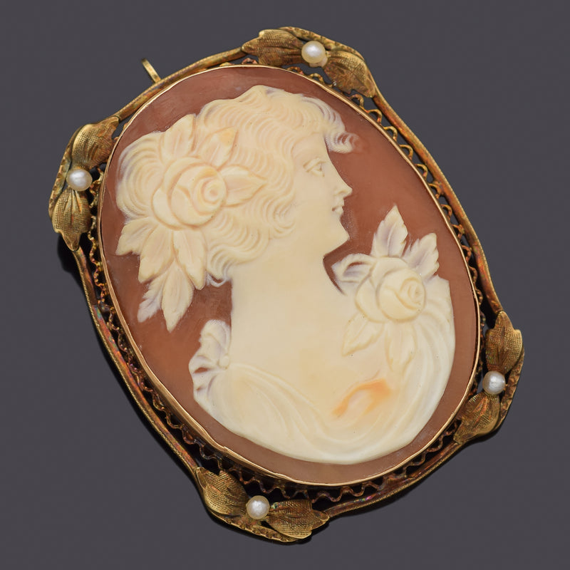 Antique 14K Yellow Gold Cameo Shell & Sea Pearl Brooch Pin Pendant