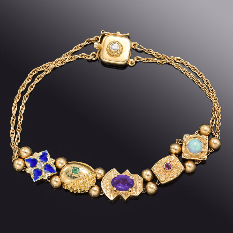 Vintage Museum Company 14K Yellow Gold Multi-Stone & Diamond Enamel Slide Bracelet 14.8 Gr