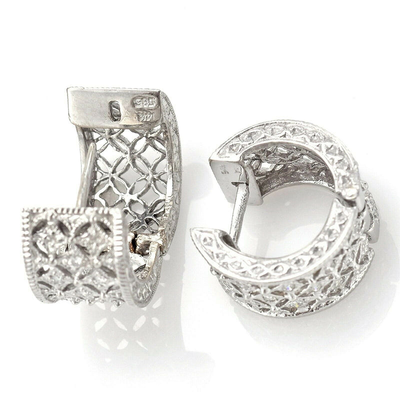 Vintage 14K White Gold Diamond Filigree Hoop Huggie Earrings