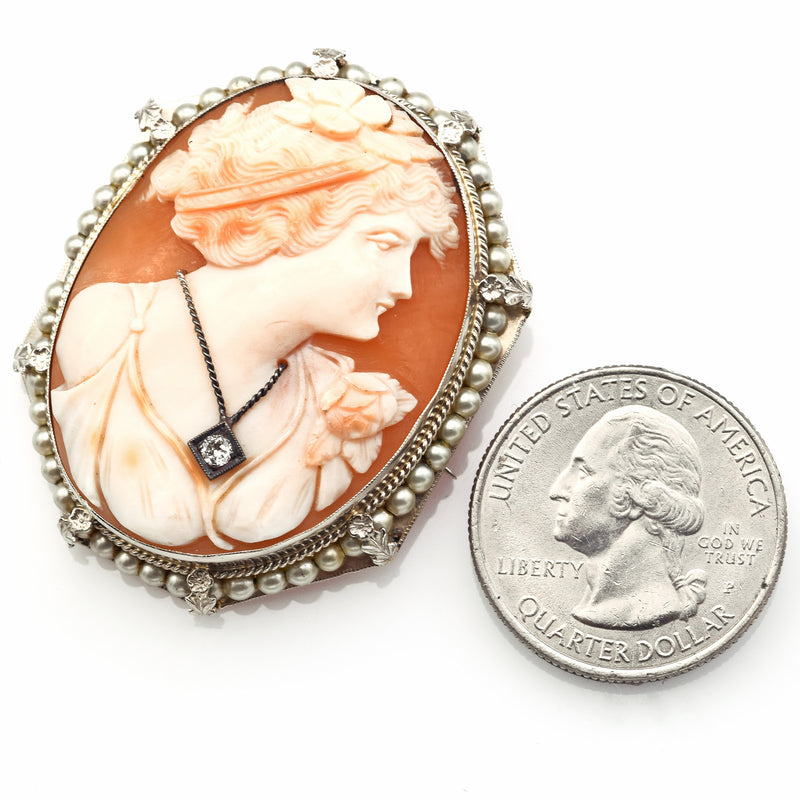 Antique 14K White Gold Cameo Pearl Diamond Large Oval Brooch Pin Pendant