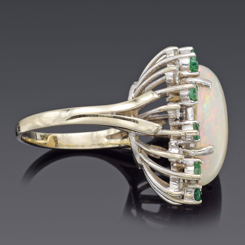 Vintage 14K White Gold 6.99 Ct Opal, Emerald & 0.40 TCW Diamond Cocktail Ring