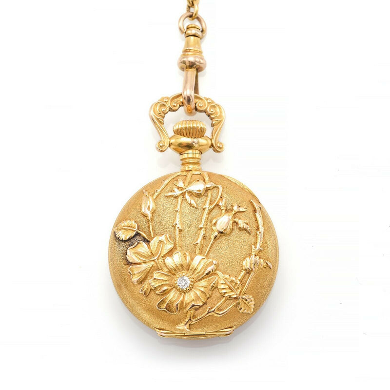 Antique 1914 Lady Elgin 18K Gold Diamond 15J Enamel Perfume Bottle Pocket Watch