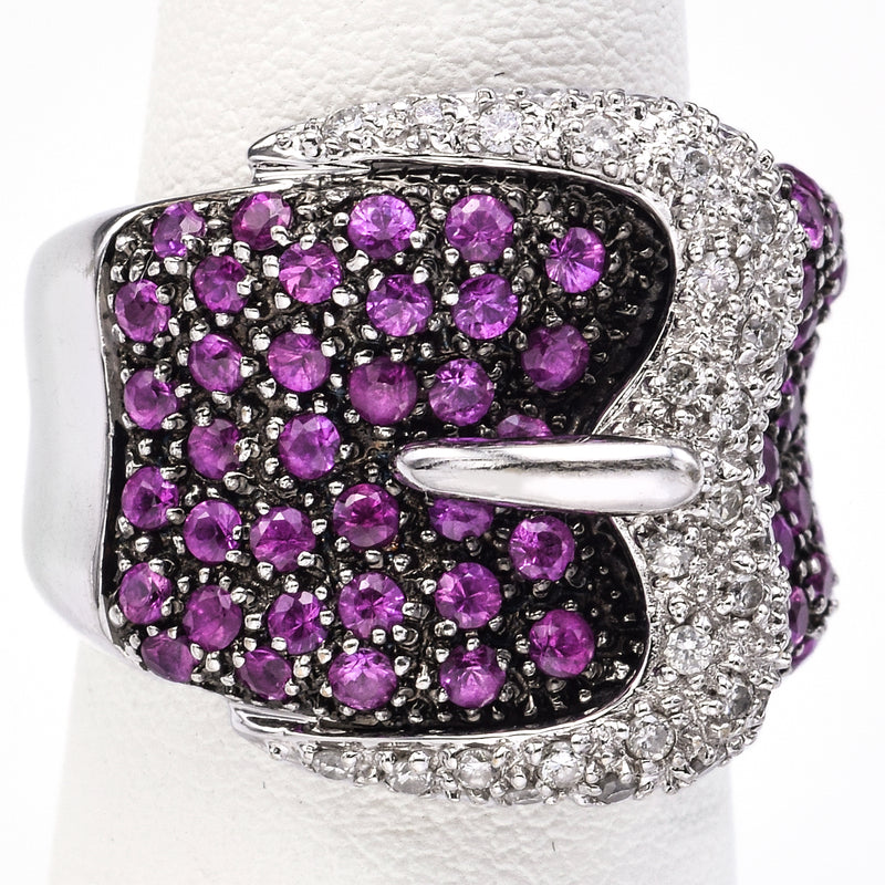 Vintage 18K White Gold Ruby & 0.50TCW Diamond Buckle Cluster Cocktail Ring