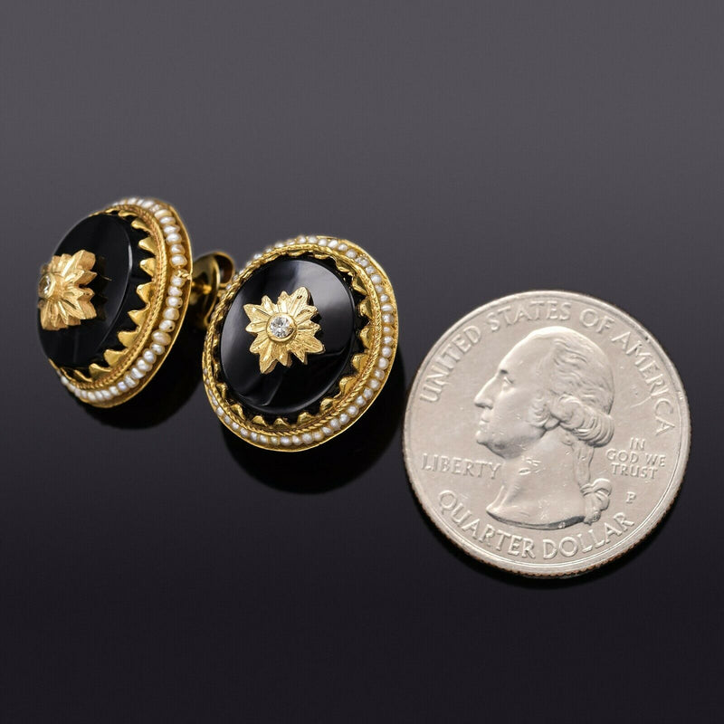 Antique 14K Gold Onyx, Sea Pearl & White Topaz Mourning Drop Earrings 6.3 Grams