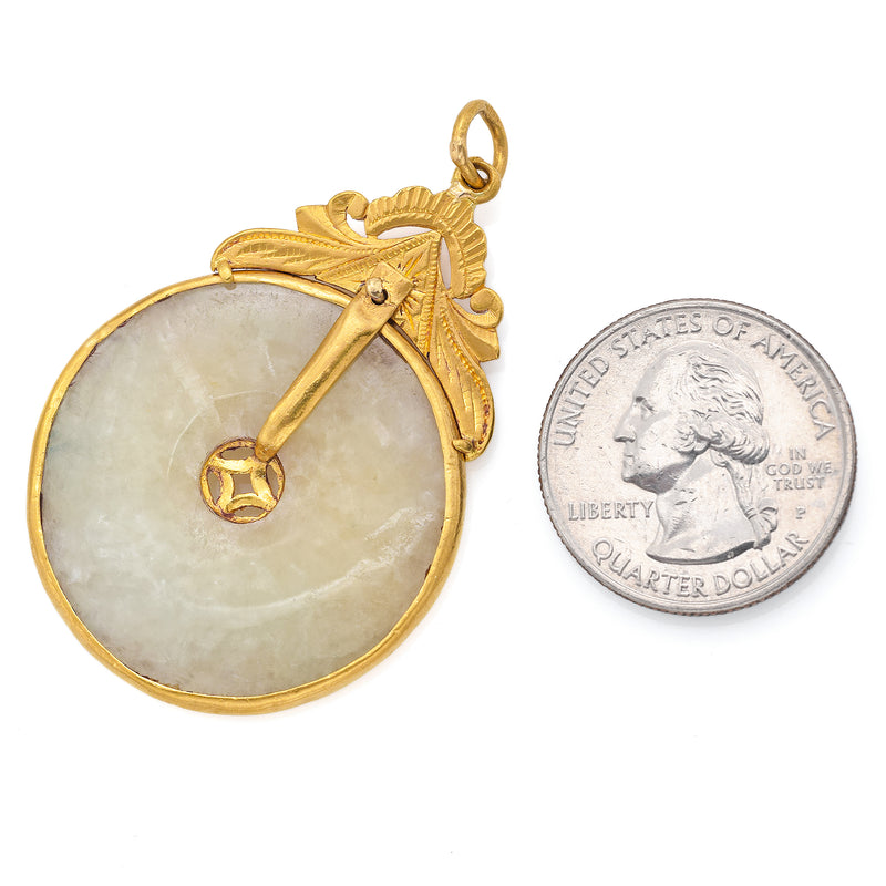 Vintage 24K Yellow Gold Pale Green Jade Large Round Disc Pendant + Pouch