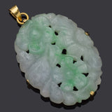 Vintage 18K Yellow Gold Translucent Green Jade Oval Floral Carved Pendant