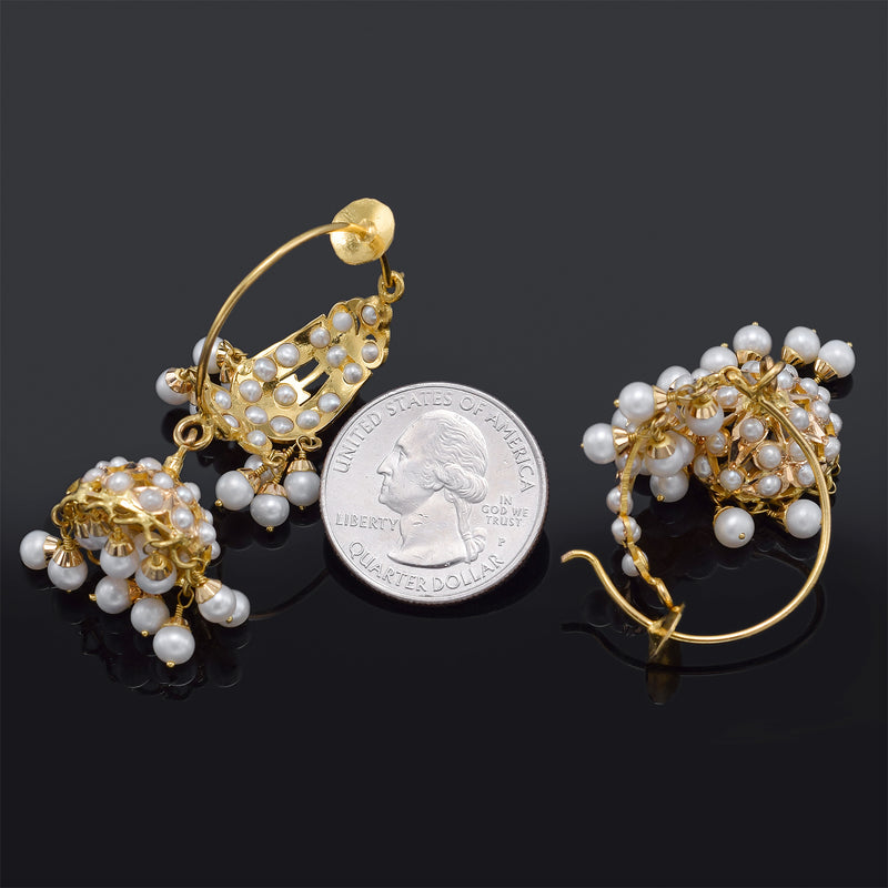 Antique 22K Gold Sea Pearl Multi-Strand Necklace & Hoop Earrings Set