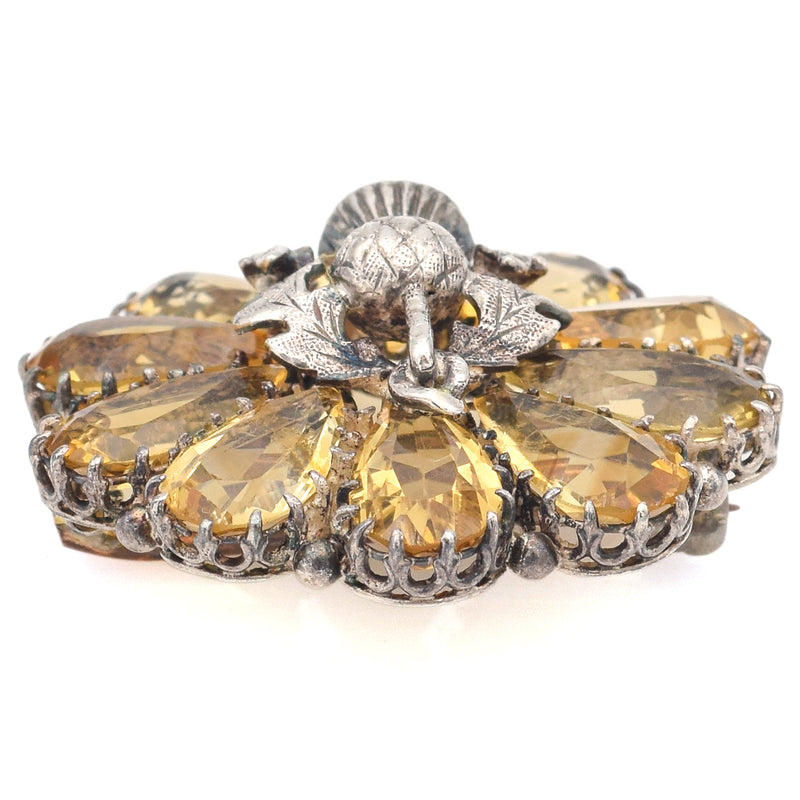 Antique Sterling Silver Citrine Floral Brooch Pin 29.6 x 29.3 mm