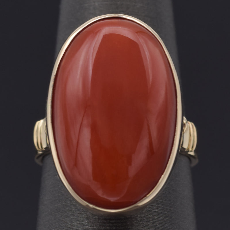 Vintage 14K Yellow Gold Red Coral Cabochon Oval Cocktail Ring