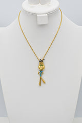 Vintage Italy 18K Yellow Gold Sapphire Enamel Cartoon Figurine Pendant Necklace