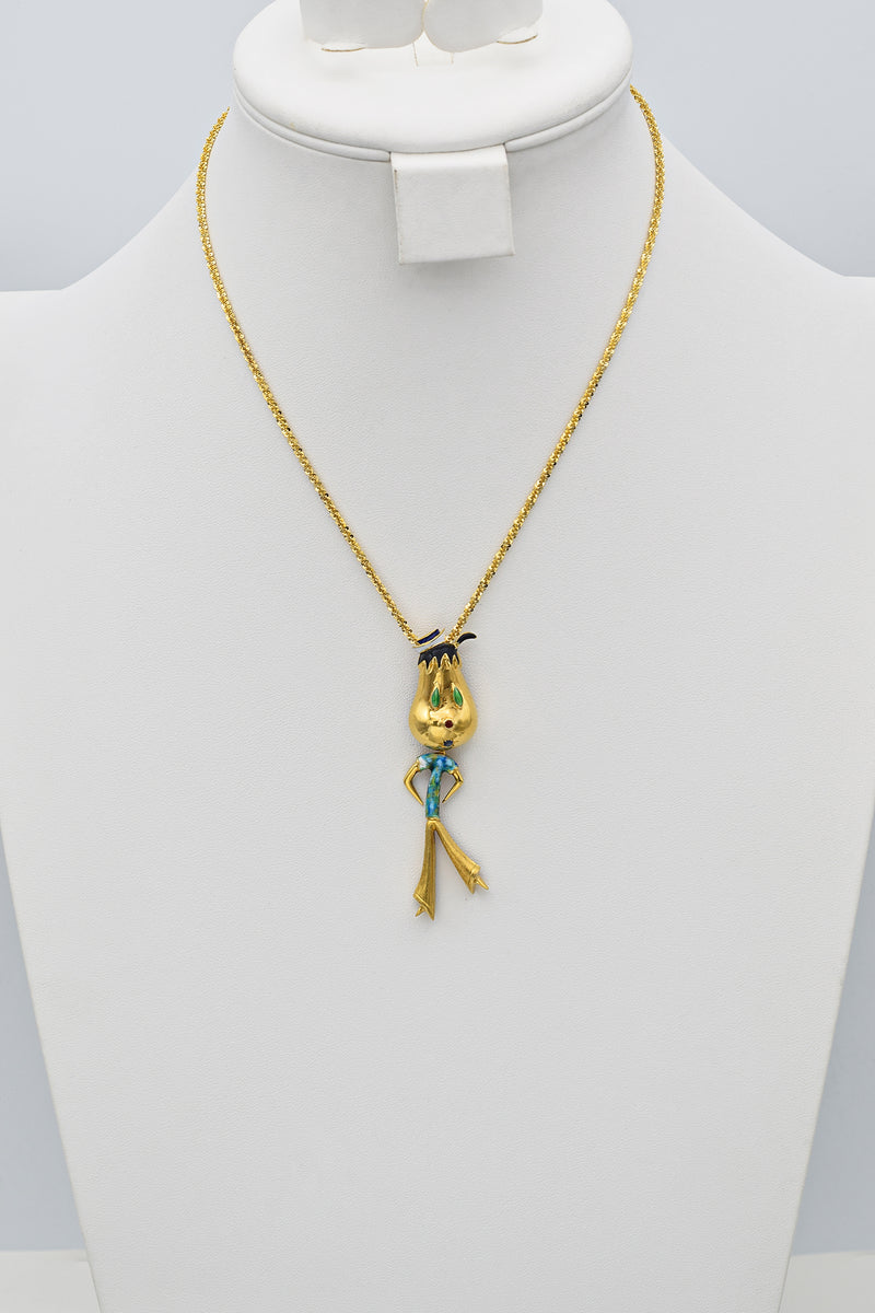 Vintage Italy 18K Yellow Gold Sapphire Enamel Cartoon Figurine Pendant Necklace