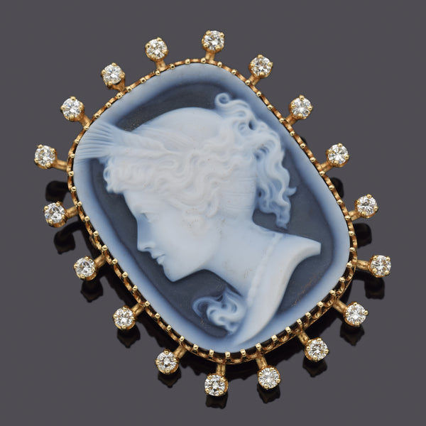 Vintage 14K Yellow Gold Blue Agate Cameo & Diamond Large Brooch Pin Pendant