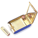 Antique 14K Gold Diamond Blue Enamel Compact Lipstick Powder & Mirror Case