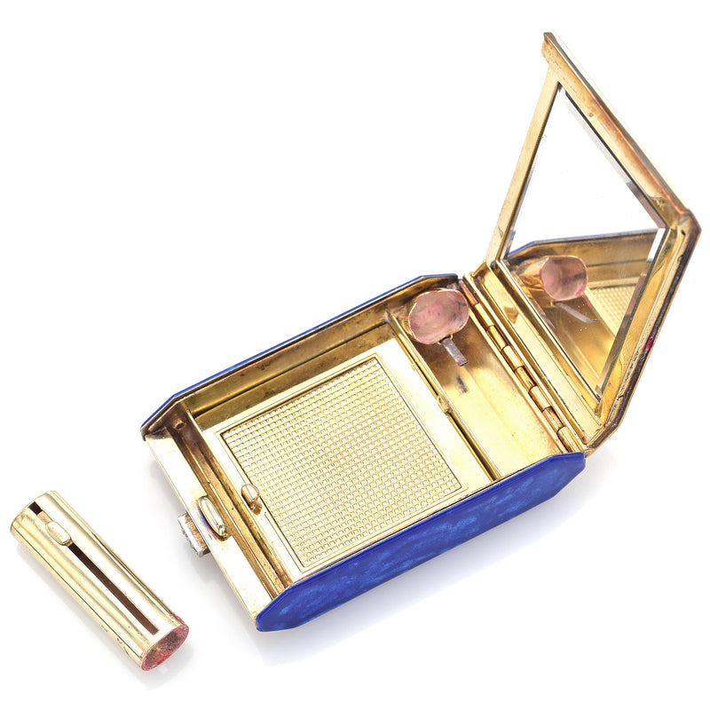 Antique 14K Gold Diamond Blue Enamel Compact Lipstick Powder & Mirror Case