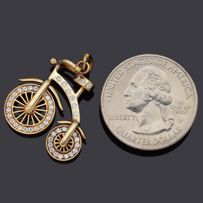 Vintage 14K Yellow Gold Bicycle CZ Charm Pendant 4.4 Grams