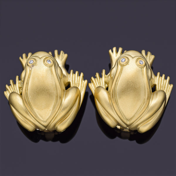 Barry Kieselstein-Cord 1998 18K Yellow Gold Diamond Frog Clip-On Drop Earrings