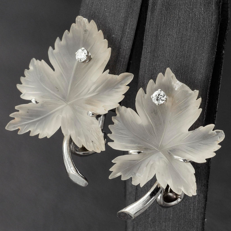 Vintage 14K White Gold Diamond & Frosted Quartz Carved Leaf Earrings & Brooch Pin Set