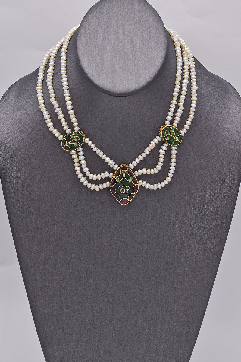 Vintage 14K Yellow Gold Sea Pearl Floral Enamel Beaded Multi-Strand Necklace