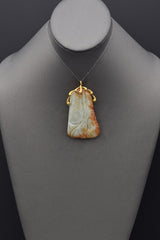 Vintage 14K Yellow Gold Pale Green Red Jade Large Carved Fruit Pendant 52.6Grams