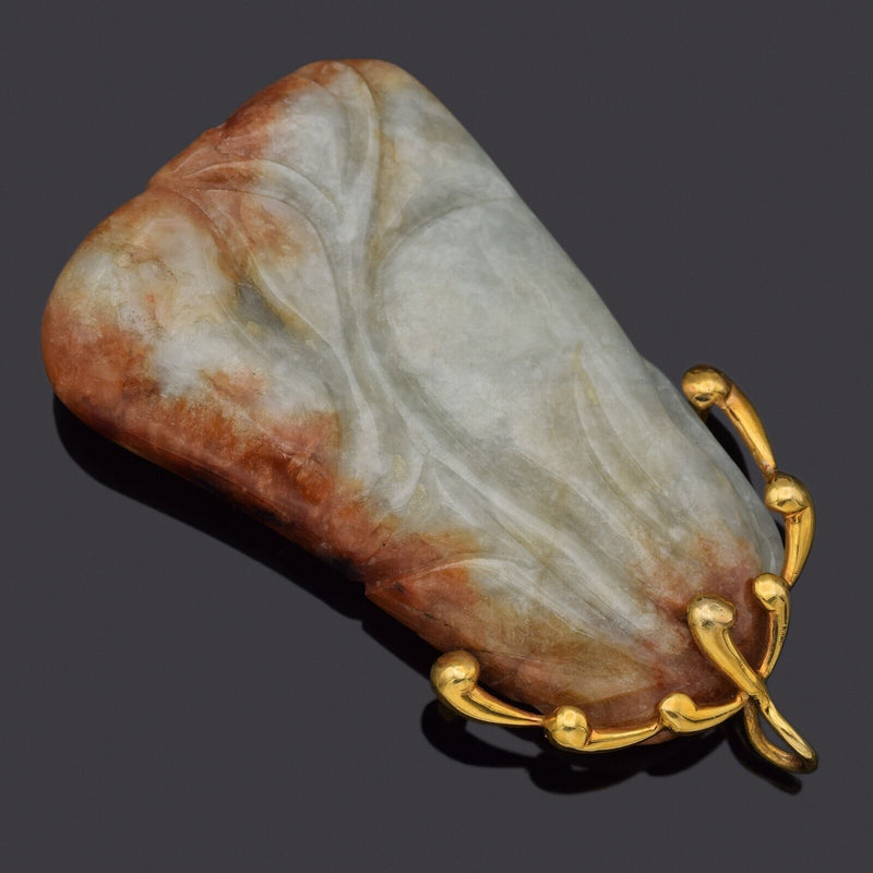 Vintage 14K Yellow Gold Pale Green Red Jade Large Carved Fruit Pendant 52.6Grams