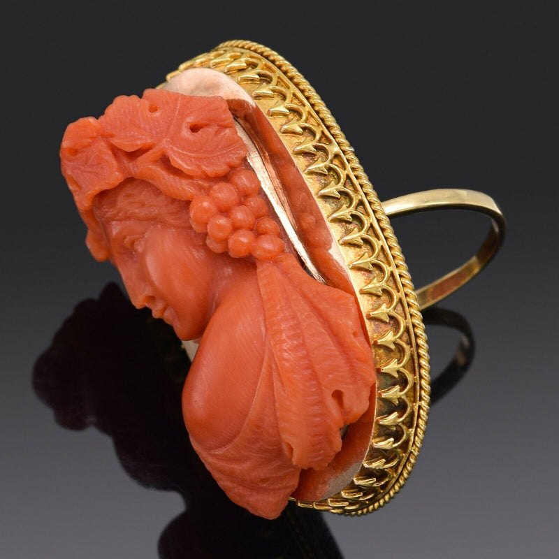 Antique JSG Signed 18K Yellow Gold Red Coral Cameo Cocktail Ring 17.4 Grams