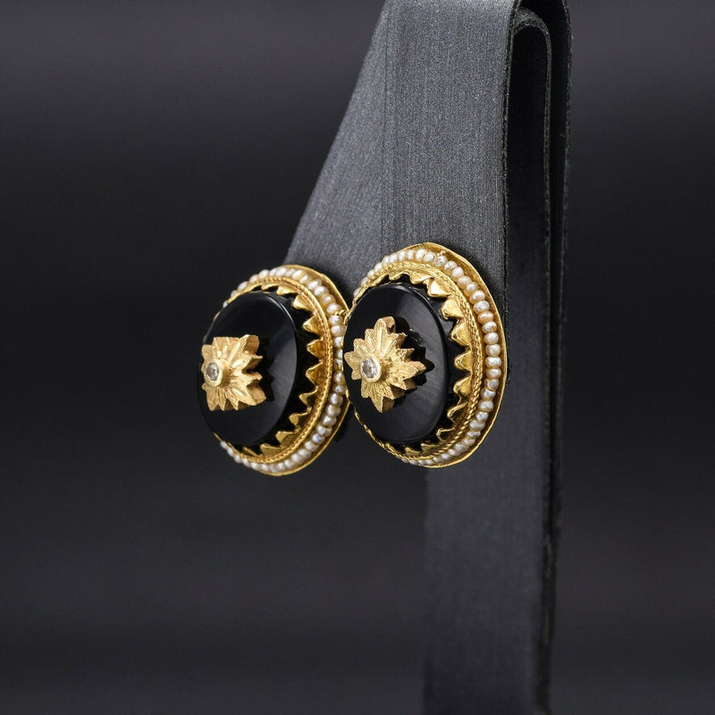 Antique 14K Gold Onyx, Sea Pearl & White Topaz Mourning Drop Earrings 6.3 Grams