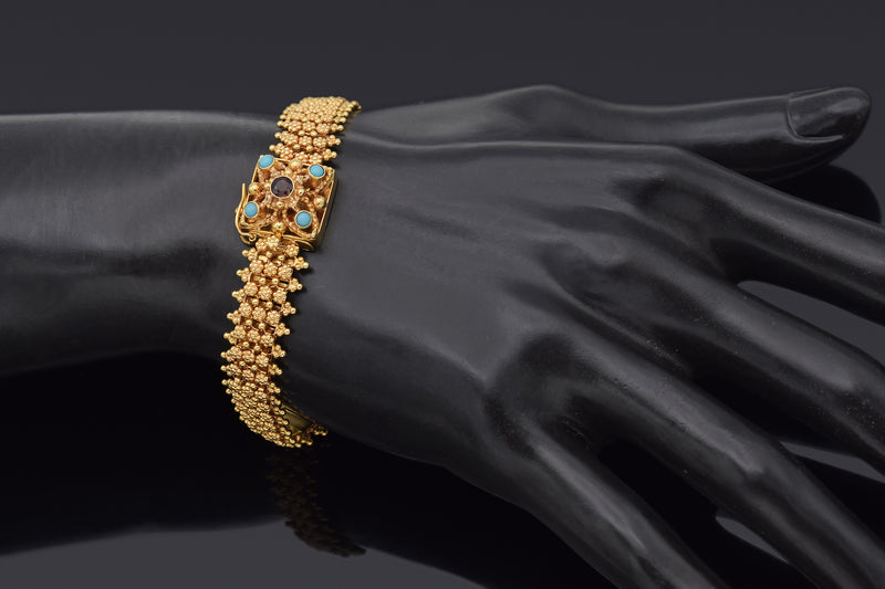 Antique Etruscan Portuguese Cannetille 19.2K Gold Turquoise & Garnet Bracelet