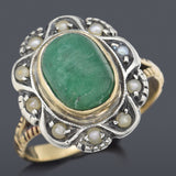 Antique 14K Yellow Gold & Sterling Silver Emerald & Sea Pearl Cocktail Ring
