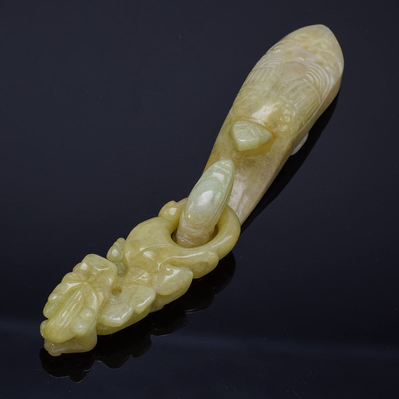 Antique Translucent Green Yellow Jade Carved Dragon Belt Buckle