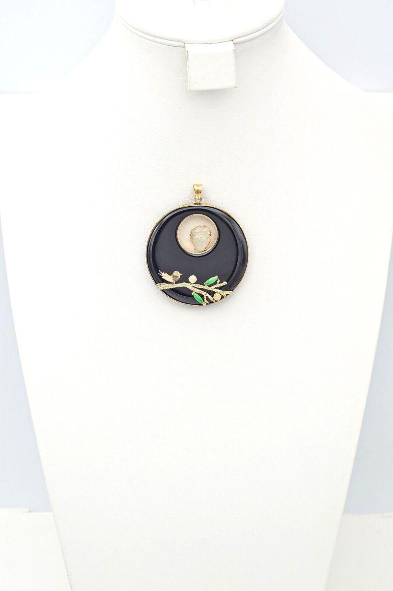 Vintage 14K Yellow Gold Onyx & Multi-Color Jade Kwan Yin, Bird & Branch Pendant