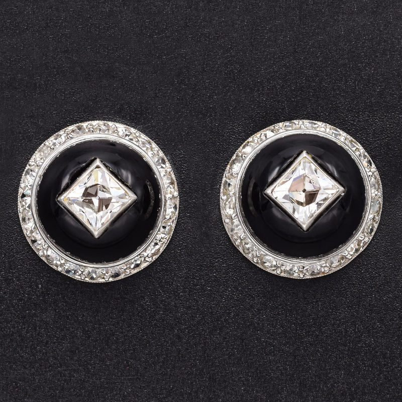 Antique Platinum Onyx & 2.62 TCW Diamond Round Stud Earrings 15.8 mm
