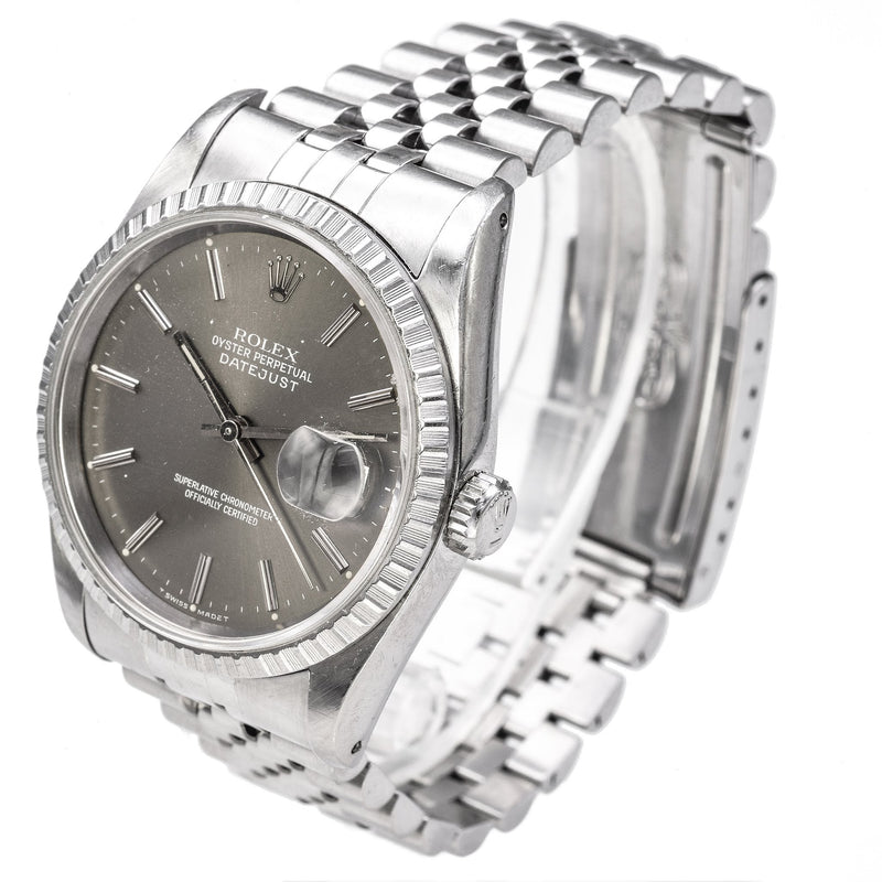 Vintage Rolex Datejust Watch Dark Grey Rhodium Dial Ref 16220