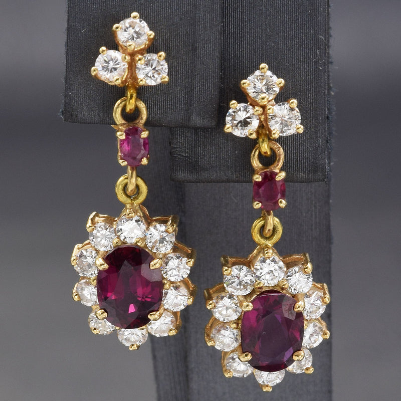 Vintage 14K Yellow Gold Ruby & Diamond Dangle Earrings