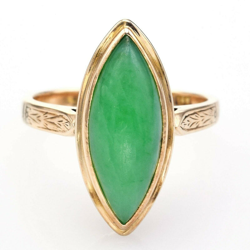 Vintage 14K Yellow Gold 4.66 Ct Green Jade Marquise Cocktail Ring