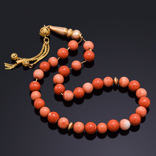 Vintage 18K Yellow Gold Red Coral Prayer Beads 41.6 Grams