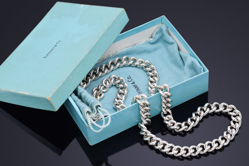 1960s Tiffany & Co. Sterling Silver Chunky Cable Chain Necklace 14 mm Box, Pouch