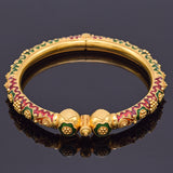 Estate 22K Yellow Gold Red & Green Enamel Screw Hinged Bangle Bracelet 28.7G