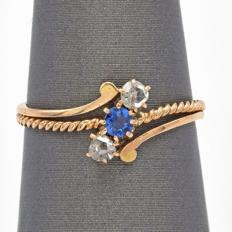 Antique 14K Yellow Gold Sapphire & Mine Cut Diamond Ring