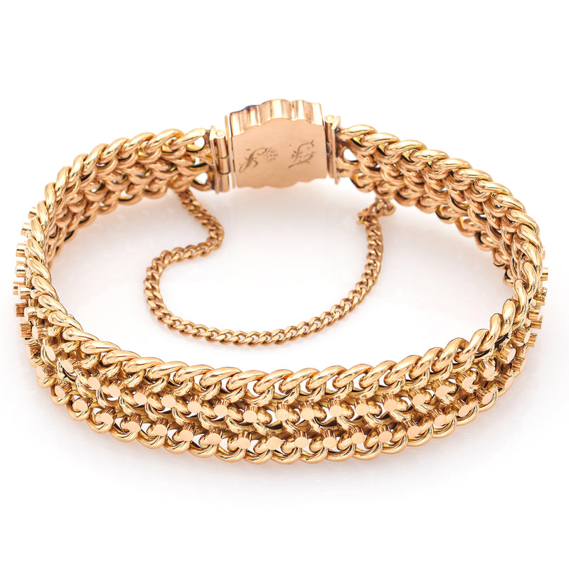 Antique Victorian 14K Gold Three-Row Cuban Link Wide Chain Bracelet 30.7 Grams