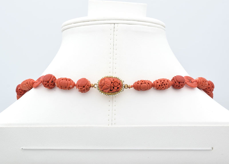 King Fook 14K Yellow Gold Carved Red Coral & Sea Pearl Beaded Strand Necklace