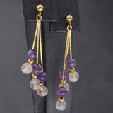 Vintage 14K Yellow Gold Amethyst & Rose Quartz Beaded Multi-Strand Dangle Earrings