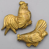 Antique Edo Period 24K Gold Carved Rooster & Hen Menuki Set Japanese Sword Parts