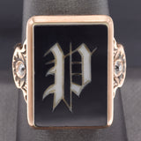Antique 14K Yellow Gold Onyx & Diamond Letter P Old English Signet Ring