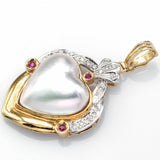 Vintage 14K Yellow Gold Mabe Pearl, Diamond & Ruby Large Heart Pendant