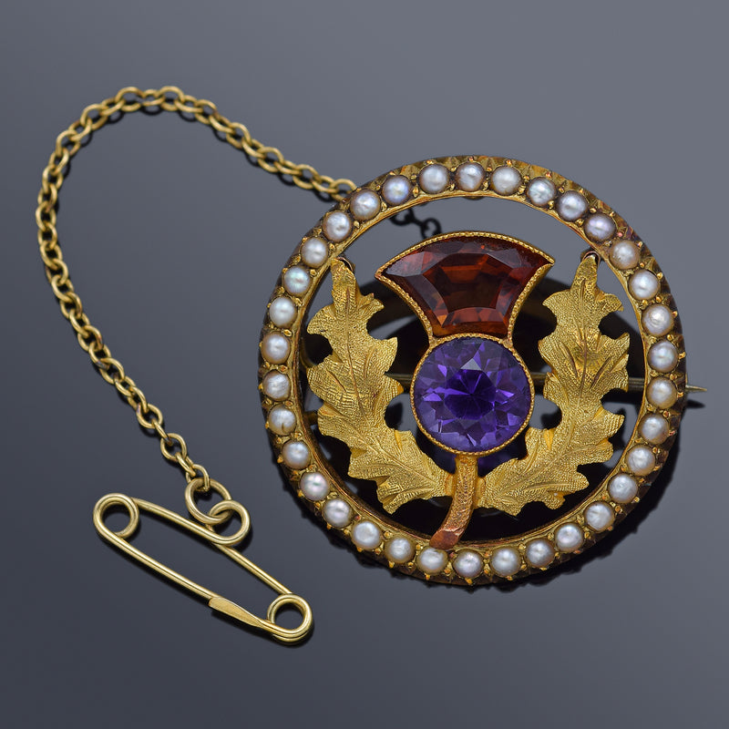 Antique Scottish Thistle 15K Gold Amethyst, Orange Spinel & Sea Pearl Brooch Pin