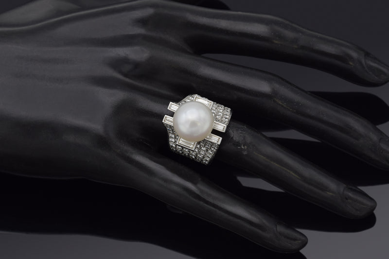 Vintage 18K White Gold Sea Pearl & 3.85 TCW Diamond Cocktail Ring 19.4G Size 5