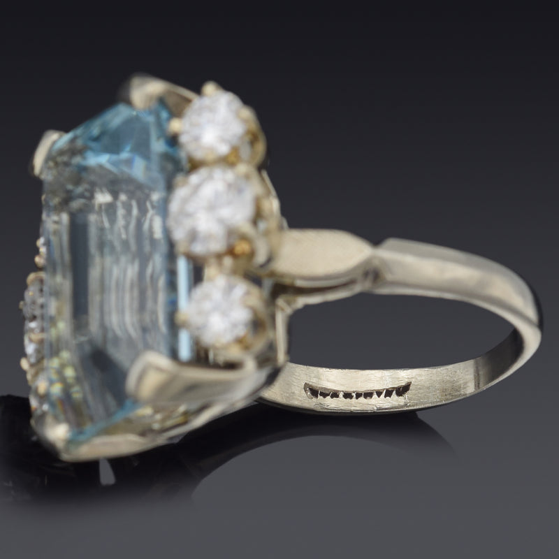 Vintage 14K White Gold 13.9 Ct Aquamarine & 1.73 TCW Diamond Cocktail Ring