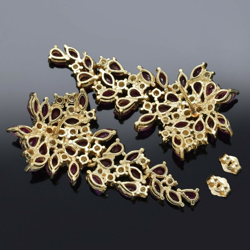 Vintage 14K Yellow Gold Ruby & 0.60TCW Diamond Large Cluster Drop Earrings